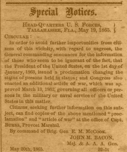 emancipation article Tallahassee, Florida 1865