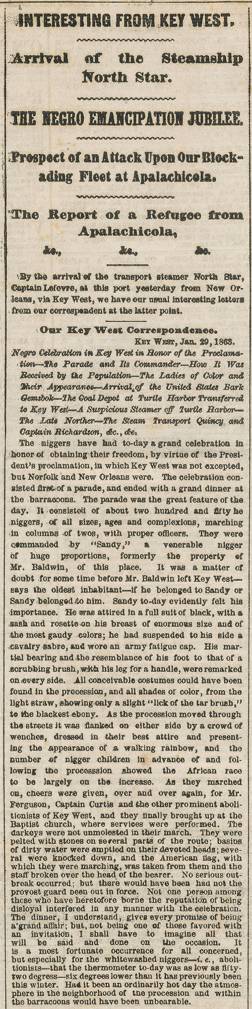 Negro Emancipation Jubilee article, Key West 1863